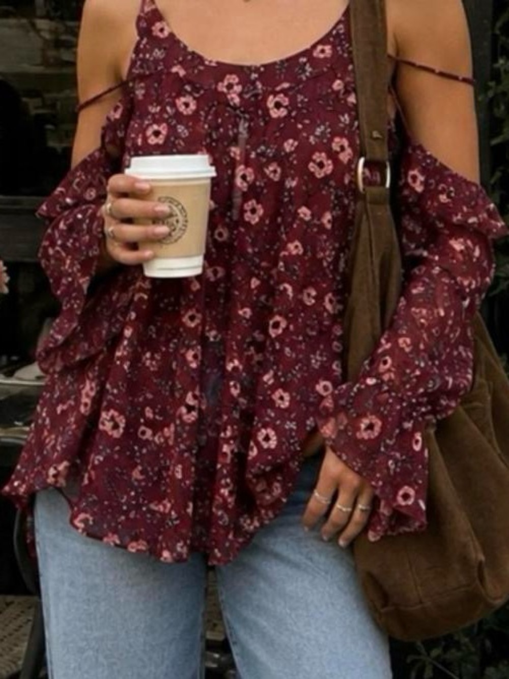 Aeropostale Maroon Floral Cold-Shoulder Blouse